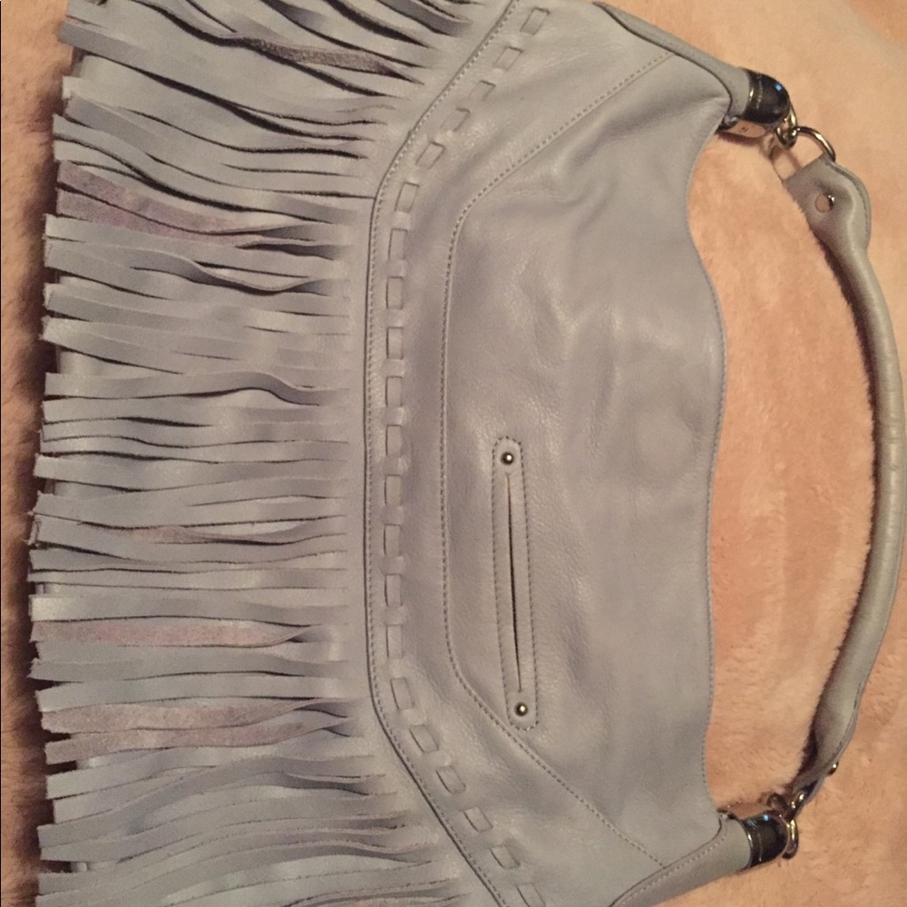 B Makowsky grey leather fringe